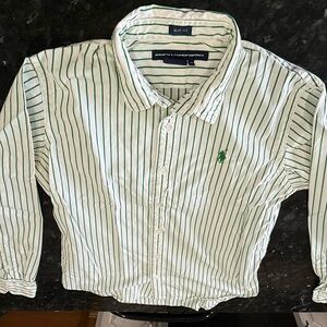 NEW! Ralph Lauren Sport Women’s Green & White Striped Button-Down Long-Sleeve
